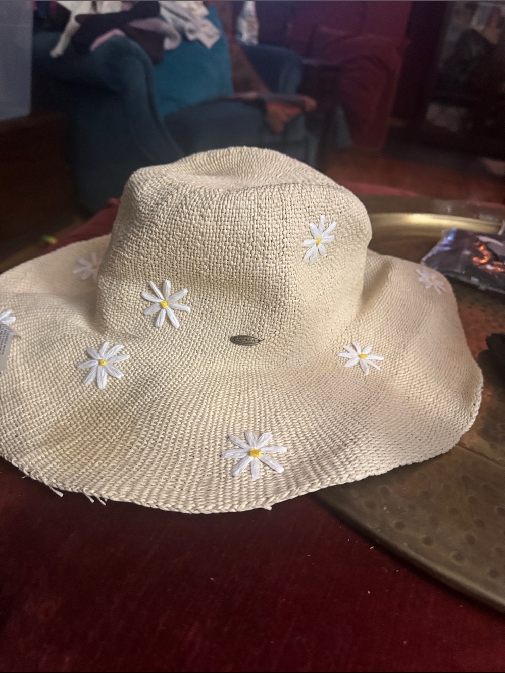 Scala Beige Straw Sun Hat with White Daisy Embroidery
